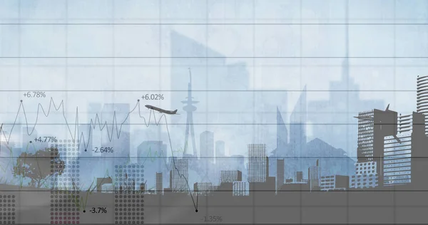 Obraz Statystyk Przetwarzania Danych Nad Startem Samolotu Krajobrazem Miejskim Globalna — Zdjęcie stockowe