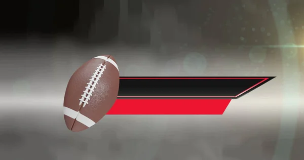 アメリカのサッカーボールのイメージを黒と赤のバナーを斑状灰色の背景に移動します コピースペースとデジタル生成された画像を持つプロスポーツテンプレートのコンセプト — ストック写真