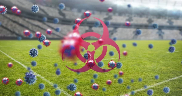 Bild Coronavirus Celler Och Biorisker Symbol Flyter Över Tomma Stadion — Stockfoto