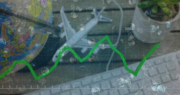 Image of digital interface with green line and bitcoin symbols over globe and model of plane. Global digital online concept digitally generated image.