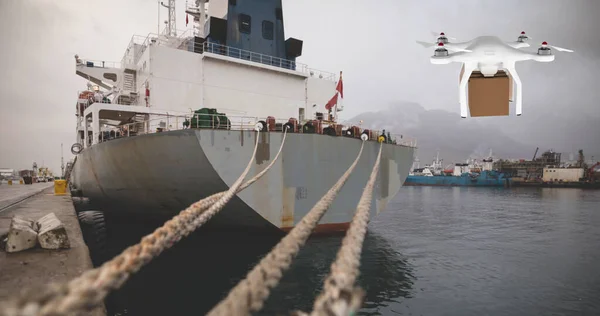 Immagine Digitale Drone Bianco Che Trasporta Una Scatola Marrone Mentre — Foto Stock