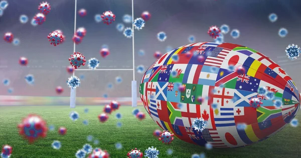 Imagem Células Vívidas Sobre Bola Rugby Formada Com Bandeiras Campo — Fotografia de Stock