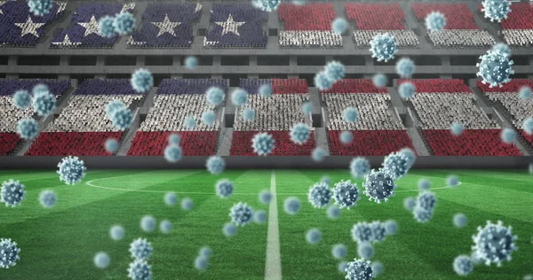 Wizerunek Komórek Nad Amerykańską Flagą Pustym Stadionie Sportowym Globalna Pandemia — Zdjęcie stockowe