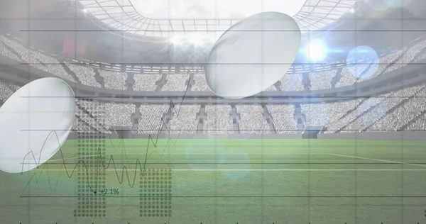 スポーツスタジアムのグラフやデータ処理でラグビーボールを落下させるイメージ スポーツ グローバルなコミュニケーションとデジタルインターフェースの概念 デジタルで生成されたイメージ — ストック写真