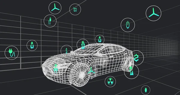 Image of icons processing status data over 3d car model moving on black background. transport and fuel technology, engineering design and digital interface concept digitally generated image.