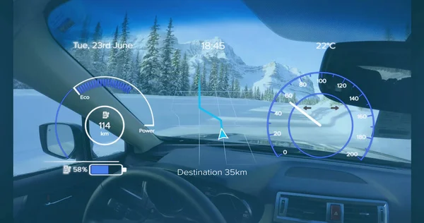 Hız Göstergesi Gps Yükleme Verileri Kış Manzarasında Arabanın Kısımlarında Ulaşım — Stok fotoğraf