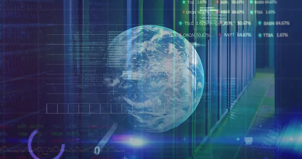 Image of data processing, binary coding and globe over computer servers. global computing and data processing concept digitally generated image.