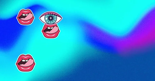 Image of eye and lips icons on blue background. fashion and accessories background pattern concept digitally generated image.