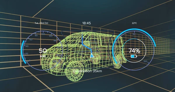 車両インターフェース上の速度計 Gpsおよび充電ステータスデータの画像 3Dバンモデル上 輸送と技術 エンジニアリング設計とデジタルインターフェースの概念デジタル生成された画像 — ストック写真
