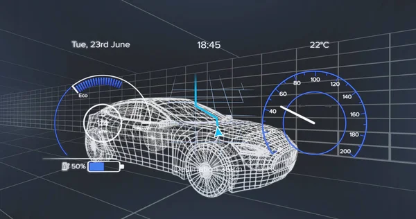 车辆接口上的速度计 Gps和充电状态数据图像 3D以上的汽车模型 运输和技术 工程设计和数字界面概念 — 图库照片