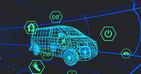 Image of icons processing status data over 3d van model. transport and fuel technology, engineering design and digital interface concept digitally generated image.