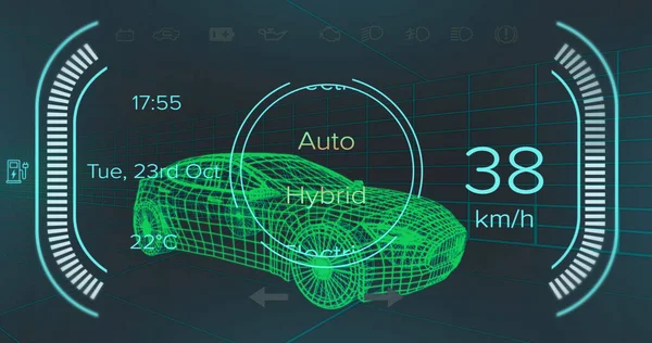 3次元トラックモデル上のハイブリッド車インターフェース上の速度計 Gpsおよび充電ステータスデータの画像 輸送と技術 エンジニアリング設計とデジタルインターフェースの概念デジタル生成された画像 — ストック写真