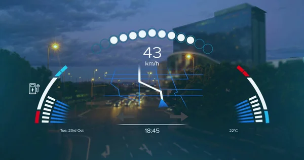 速度計 Gps インターフェース上の充電データの画像は 夜の都市交通を高速化します 輸送と技術 エンジニアリング設計とデジタルインターフェースの概念デジタル生成された画像 — ストック写真