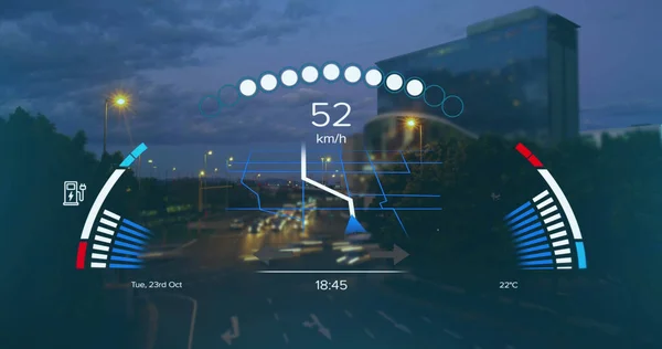 Hız Göstergesi Görüntüsü Gps Arayüzdeki Yükleme Verileri Gece Şehir Trafiğini — Stok fotoğraf