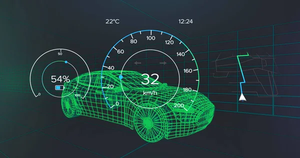 車両インターフェース上の速度計 Gpsおよび充電ステータスデータの画像 3D車モデル上 輸送と技術 エンジニアリング設計とデジタルインターフェースの概念デジタル生成された画像 — ストック写真