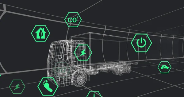 Image of icons processing status data over 3d truck model moving on black background. transport and fuel technology, engineering design and digital interface concept digitally generated image.