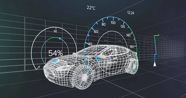 Araç arayüzündeki hız göstergesi, GPS ve durum verileri, 3D 'den fazla araba modeli. Ulaşım ve teknoloji, mühendislik tasarımı ve dijital arayüz konsepti dijital olarak oluşturulmuş görüntü.