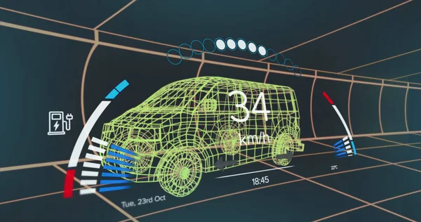 Obraz Prędkościomierza Gps Stanu Naładowania Interfejsie Pojazdu Ponad Model Van — Zdjęcie stockowe