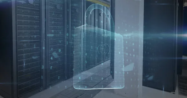 Image of data processing and online security padlock with circuit board over computer servers. global internet security, computing and data processing concept digitally generated image.