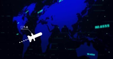 Dünya haritasında kara zemin üzerinde veri işleme animasyonu. teknoloji, bilgisayar ve dijital arayüz kavramı dijital olarak oluşturulmuş video.