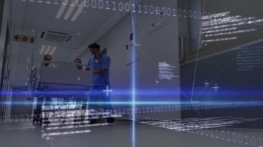 Animation of data processing over diverse female and male doctors pulling bed with patient. health, medicine, connections and technology concept digitally generated video,