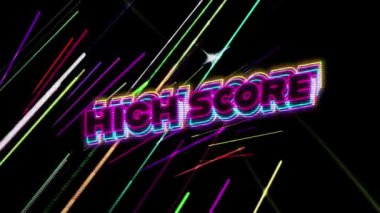 Siyah zemin üzerinde ışık izleri üzerinden yüksek skorlu metin animasyonu. küresel sosyal medya, teknoloji ve dijital arayüz konsepti dijital olarak oluşturulmuş video.