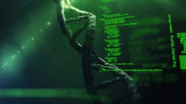 3D DNA iplikçikleri üzerinde veri işleme animasyonu dönüyor. küresel bilim, hesaplama, veri işleme ve dijital arayüz kavramı dijital olarak oluşturulmuş video.