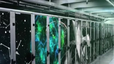 Bilgisayar sunucuları üzerinden dünya ile bağlantı ağının animasyonu. küresel ağlar, hesaplama, veri işleme ve dijital arayüz kavramı dijital olarak oluşturuldu.