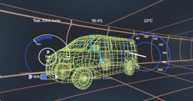 Donanma arka planındaki elektrikli minibüs projesinde hız göstergesi animasyonu. elektrikli araba, yeşil enerji, eko güç, sürdürülebilirlik ve teknoloji konsepti dijital olarak oluşturulmuş video.