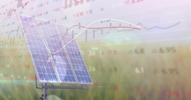 Güneş paneli üzerinden finansal veri işleme animasyonu. küresel iş, finans ve dijital arayüz kavramı dijital olarak oluşturulmuş video.