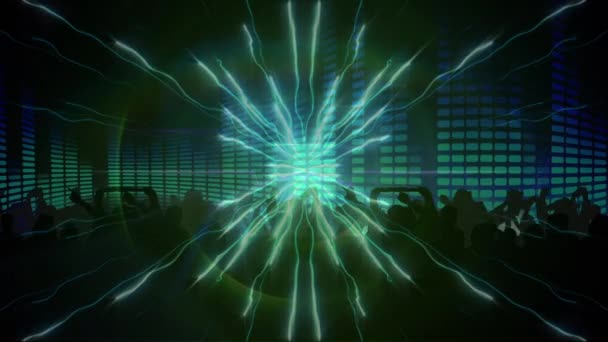 蓝色数字波在蓝色背景下 在马赛克方块上跳舞的人的轮廓上 夜生活和迪斯科的概念 — 图库视频影像