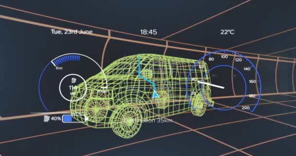 Animacja Prędkościomierza Nad Projektem Elektrycznego Vana Tle Marynarki Wojennej Samochód — Wideo stockowe