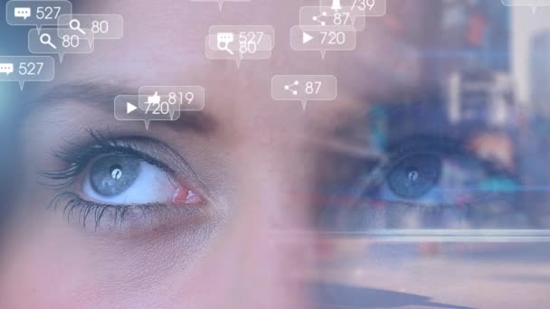 Animación Del Procesamiento Datos Sobre Los Ojos Mujer Caucásica Interfaz — Vídeos de Stock