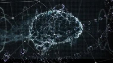 Siyah arka planda veri işleme ve beyin animasyonu. küresel bilim ve dijital arayüz kavramı dijital olarak oluşturulmuş video.