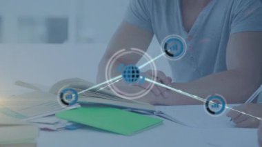 Animation of network of connections with icons over diverse people. global connections and digital interface concept digitally generated video.