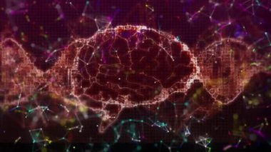Siyah arka planda veri işleme ve beyin animasyonu. küresel bilim ve dijital arayüz kavramı dijital olarak oluşturulmuş video.