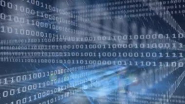 Donanma arkaplanındaki ikili kod ve simgelerin animasyonu. veri işleme, bağlantılar ve teknoloji konsepti dijital olarak oluşturulmuş video.