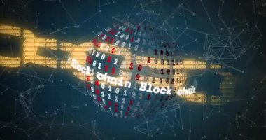 Siyah arkaplandaki bağlantı ağı üzerinden ikili kodlama ile dünyanın animasyonu. teknoloji, bilgisayar ve dijital arayüz kavramı dijital olarak oluşturulmuş video.