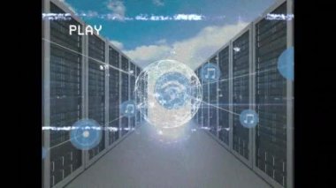 Oyun arayüzü ekranının animasyonu ve bilgisayar sunucuları üzerinden dünya ile bağlantı ağı. küresel ağlar, hesaplama, veri işleme ve dijital arayüz kavramı dijital olarak oluşturuldu.