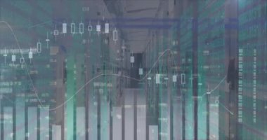 Şehirdeki finansal veri işleme ve sunucu odasının animasyonu. küresel iş, finans ve dijital arayüz kavramı dijital olarak oluşturulmuş video.
