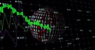 Siyah arkaplanda ikili kodlama ile dünya üzerinde veri işleme animasyonu. teknoloji, bilgisayar ve dijital arayüz kavramı dijital olarak oluşturulmuş video.