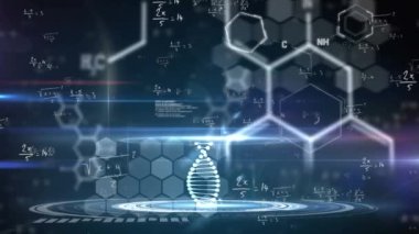 Siyah arka planda veri işleme ve DNA iplikçiklerinin animasyonu. küresel bilim ve dijital arayüz kavramı dijital olarak oluşturulmuş video.