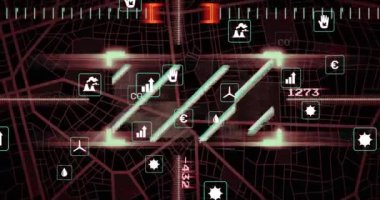 Siyah arkaplanda veri işleme ve ekoloji simgelerinin animasyonu. dijital arayüz ve veri işleme kavramı dijital olarak oluşturuldu.