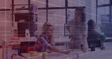 Animation of graphs and data processing over caucasian businesswomen working in office. business, cooperation, economy and technology concept digitally generated video.
