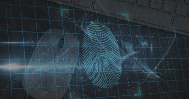 生体指紋スキャナーとセキュリティ南京錠マウスとコンピュータサーバーの閉鎖に対して サイバーセキュリティ技術の概念 — ストック動画