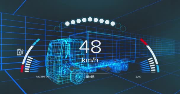Animace Tachometru Nad Projektem Elektrického Kamionu Námořním Pozadí Elektromobily Zelená — Stock video