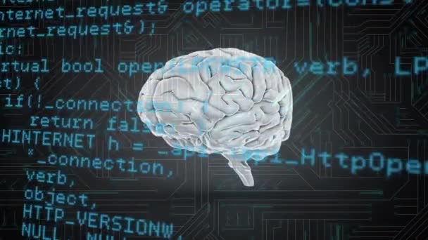 Zpracování Dat Přes Spinning Lidského Mozku Proti Připojení Mikroprocesoru Šedém — Stock video