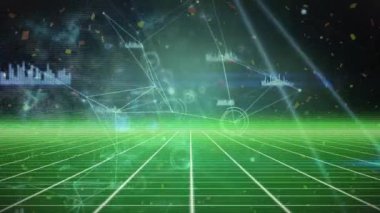 Bağlantılar ve ışık yolları üzerinden konfeti animasyonu. küresel teknoloji, bağlantılar ve dijital arayüz konsepti dijital olarak oluşturulmuş video.