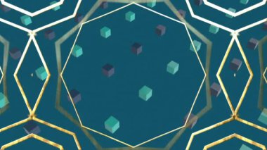 Mavi arka plandaki şekillerin üzerinde sarı şekillerin animasyonu. küresel bilim, teknoloji ve dijital arayüz kavramı dijital olarak oluşturulmuş video.