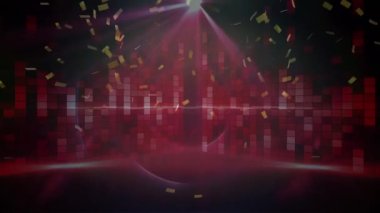 Siyah arka planda pembe mozaik karelerin üzerine düşen ışık ve altın konfeti lekesi. gece hayatı ve disko konsepti